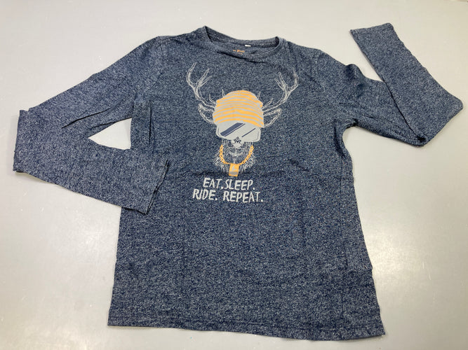 T-shirt m.l bleu chiné blanc tête de cerf avec bonnet et lunette de ski, moins cher chez Petit Kiwi