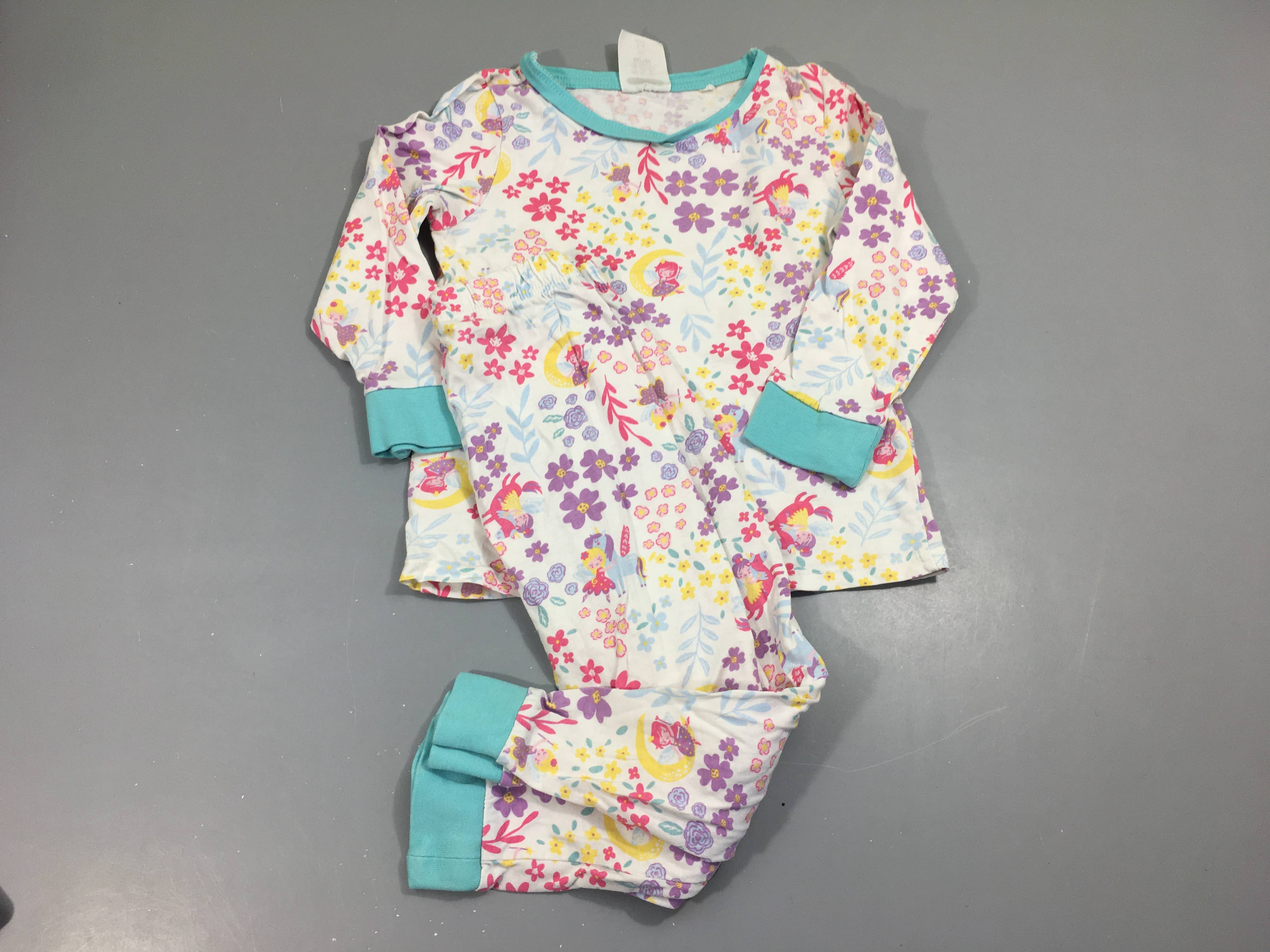 Pyjama 2 pcs, blanc fleurs rose/mauve/bleu