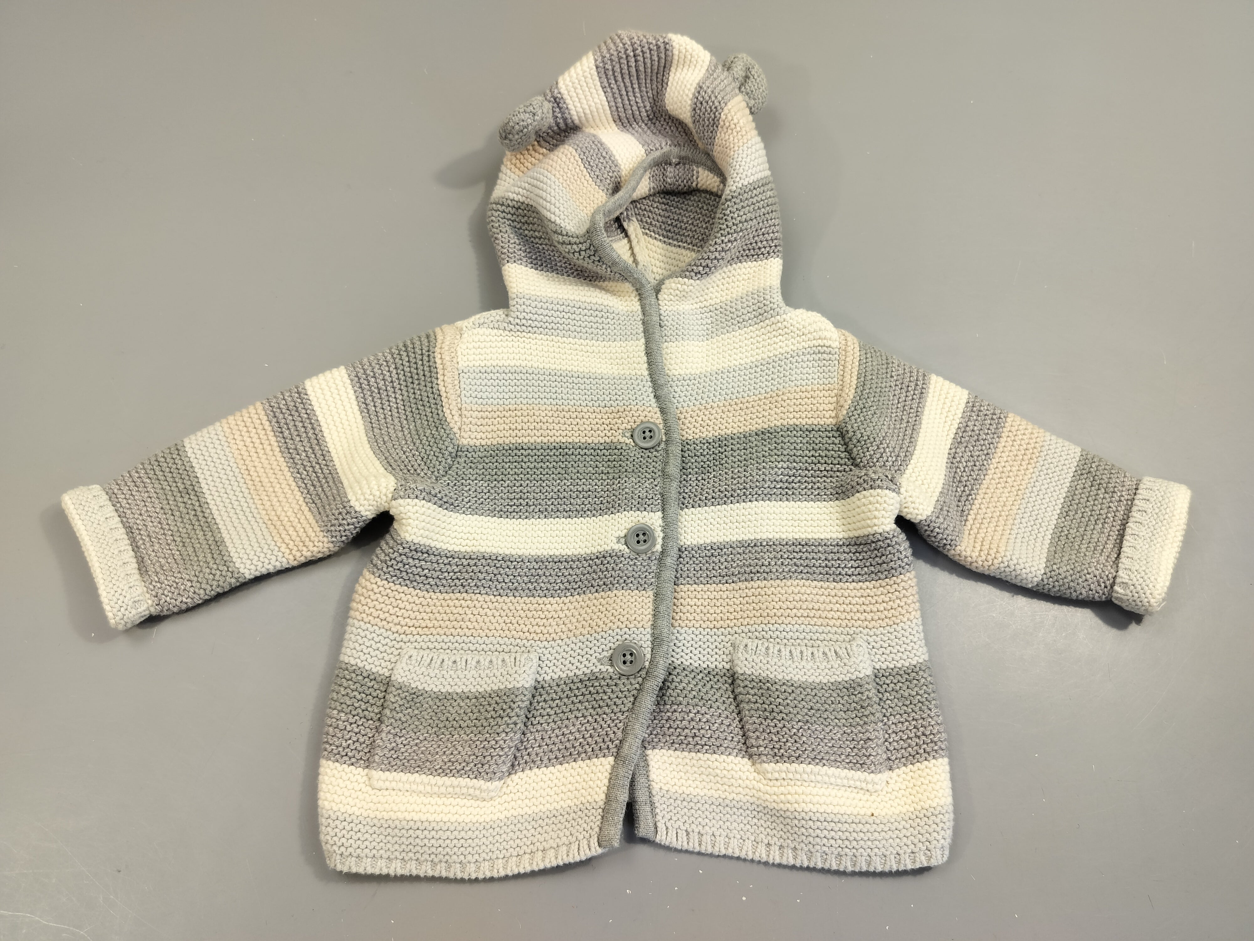 Gilet tricot à capuche rayé bleu,gris, blanc , beige 100% coton