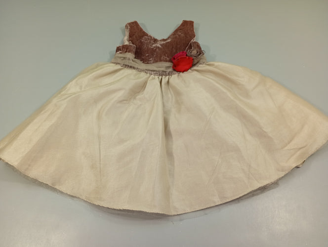 Robe s.m bi-matière dessus velours brun, desoous satiné greige avec tulle. Fleurs à la taille, moins cher chez Petit Kiwi