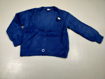 Gilet col V peluche bleu électrique, broche chouette. 100% polyamide