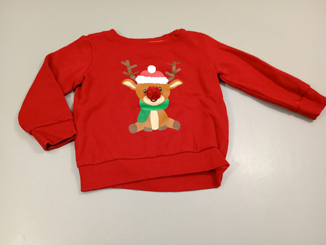 Sweat rouge de Noël, tête de renne nez pompon,intérieur doux et chaud, moins cher chez Petit Kiwi