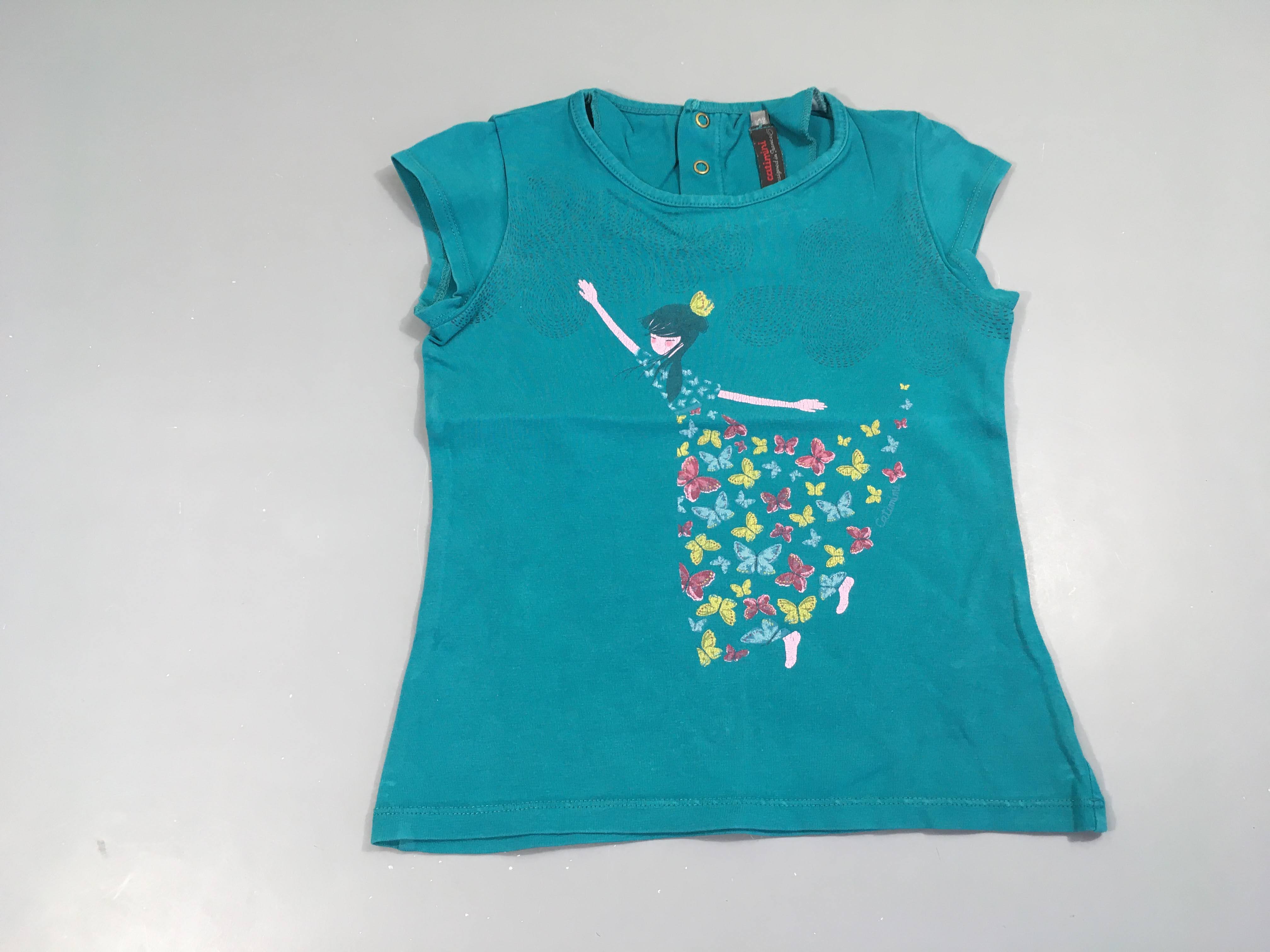 T-shirt m.c bleu fille papillons, flocage un peu craquélé