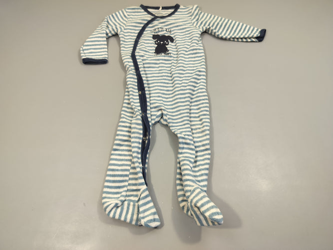 Pyjama velours rayé bleu, blanc , chien bleu marine 80% coton 20% polyester, moins cher chez Petit Kiwi