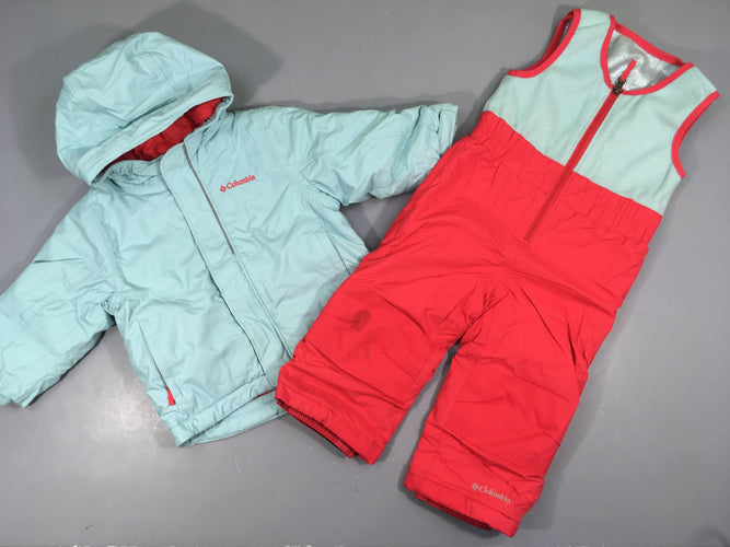 Veste de ski + Combinaison rose/bleu, Columbia, genoux taché, moins cher chez Petit Kiwi