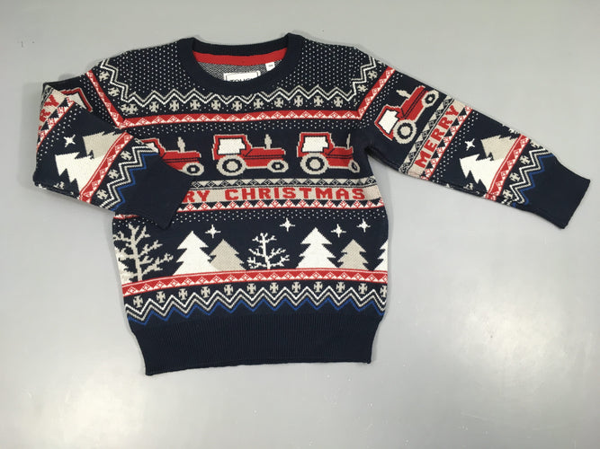 Pull bleu marine tracteurs Noël, moins cher chez Petit Kiwi