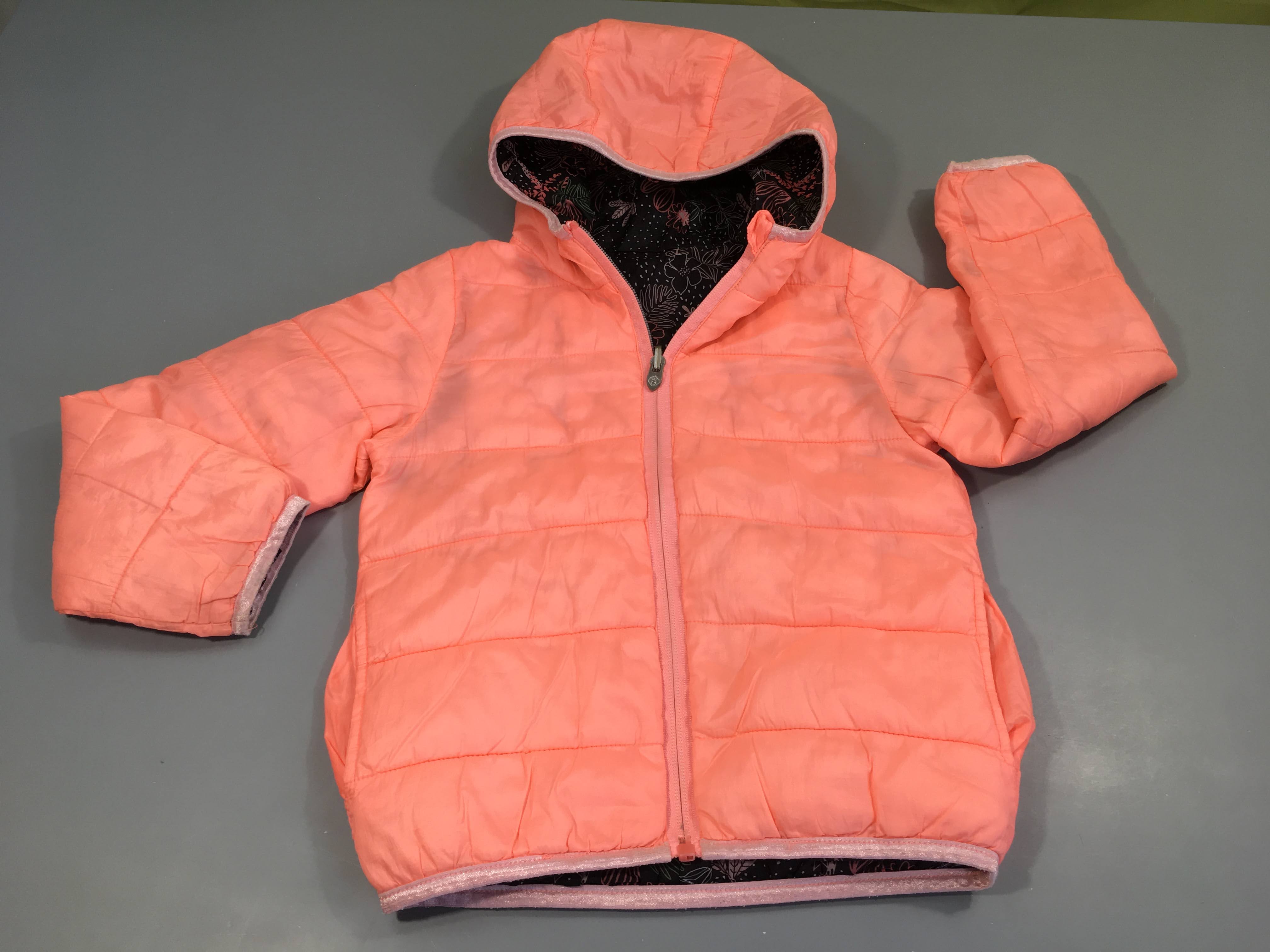 Doudoune light réversible noir fleurs/orange néon