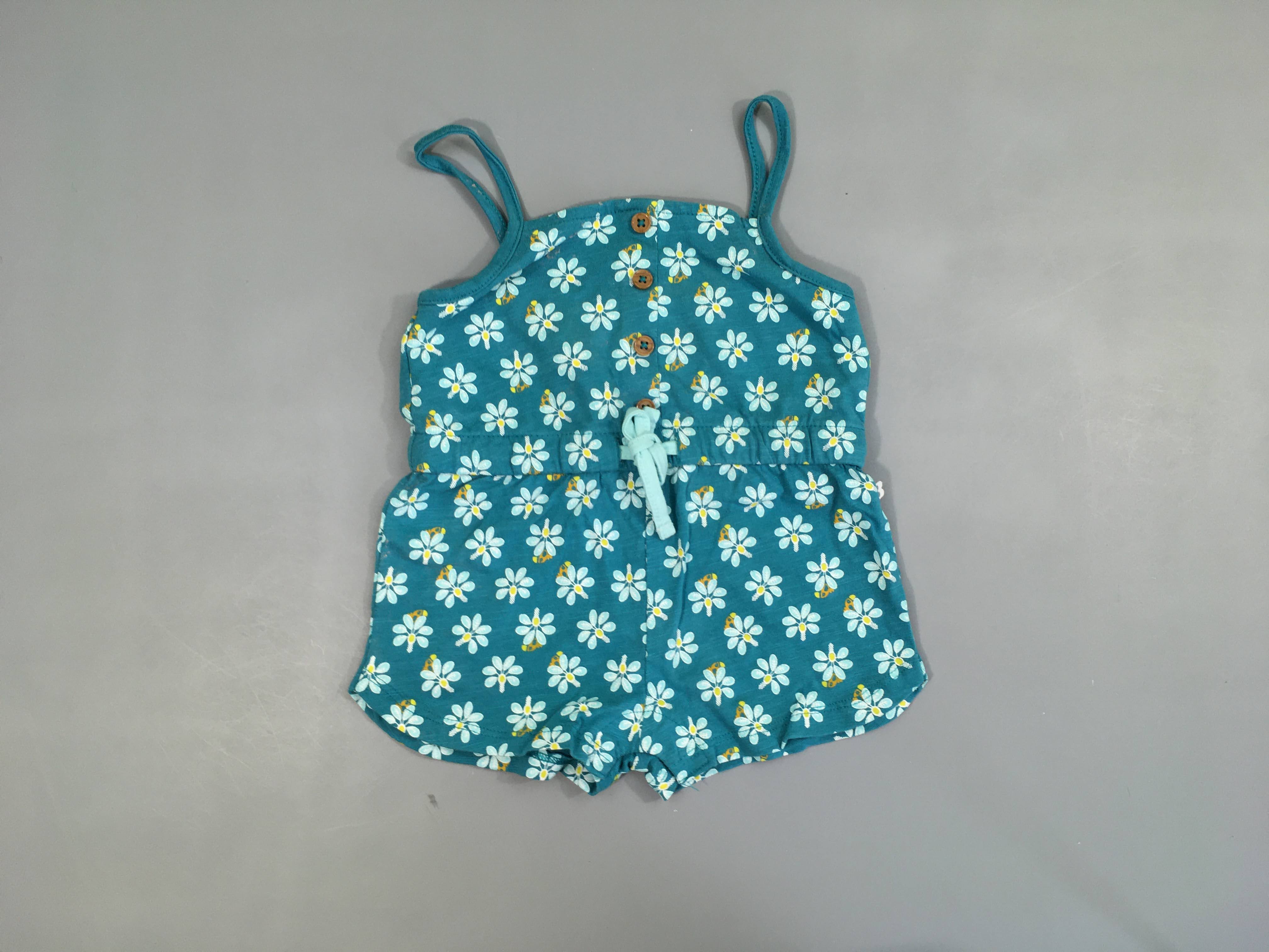 Combishort fines bretelles jersey bleu flammé fleurs