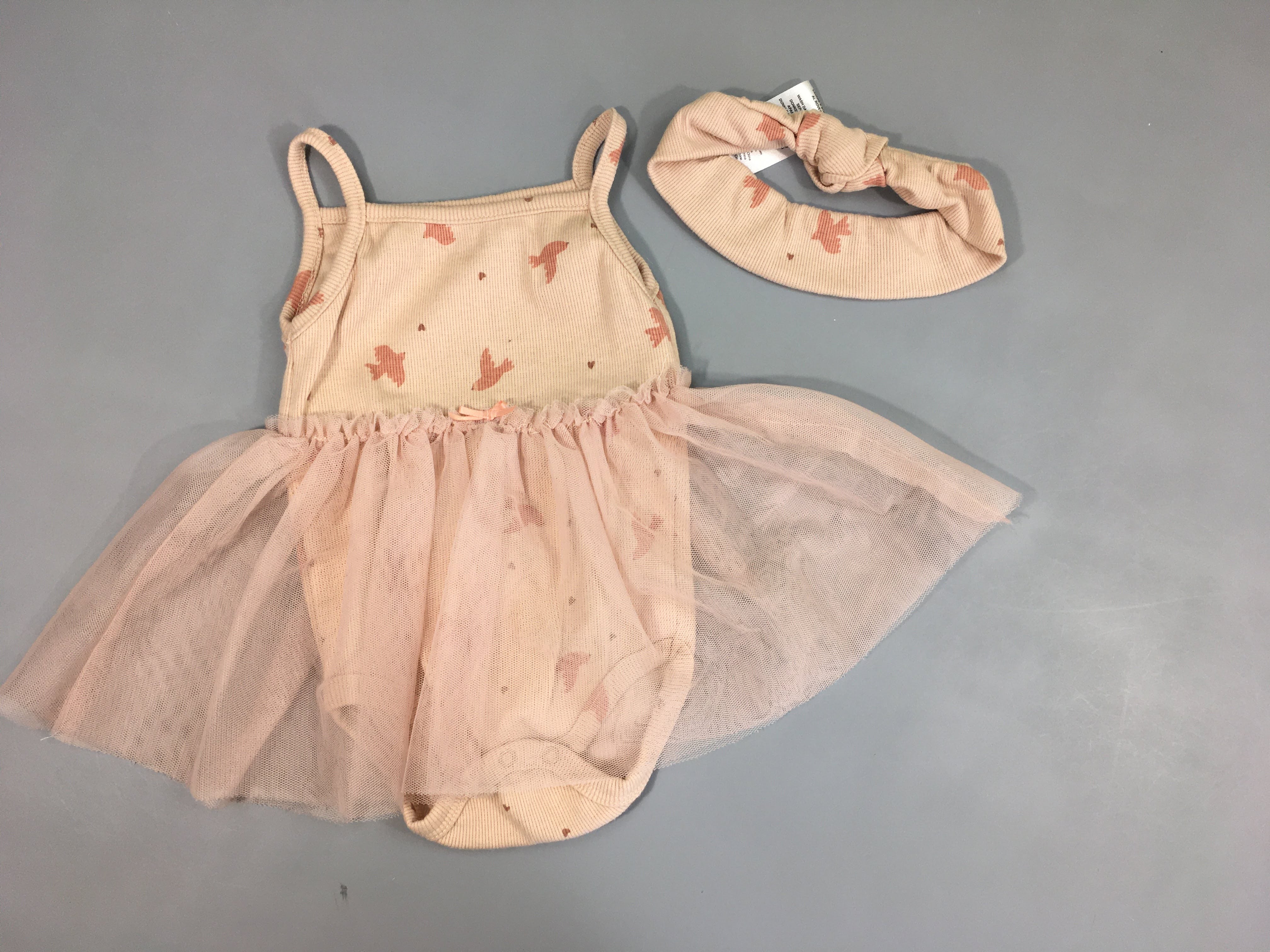 Robe fines bretelles rose oiseaux/tulle body intégré + bandeau