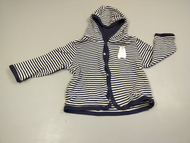 Gilet à capuche blanc rayé bleu marine, ours polaire 100% coton, moins cher chez Petit Kiwi