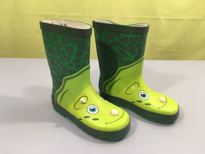Bottes de pluie vertes monstres-manque une corne décorative sur chaque botte, moins cher chez Petit Kiwi