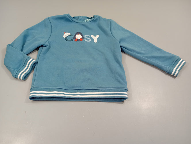 Sweat bleu  pingouin "cosy", intérieur doux et chaud, moins cher chez Petit Kiwi