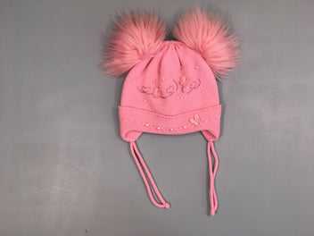 Bonnet rose perles fausse fourrure doublé polar