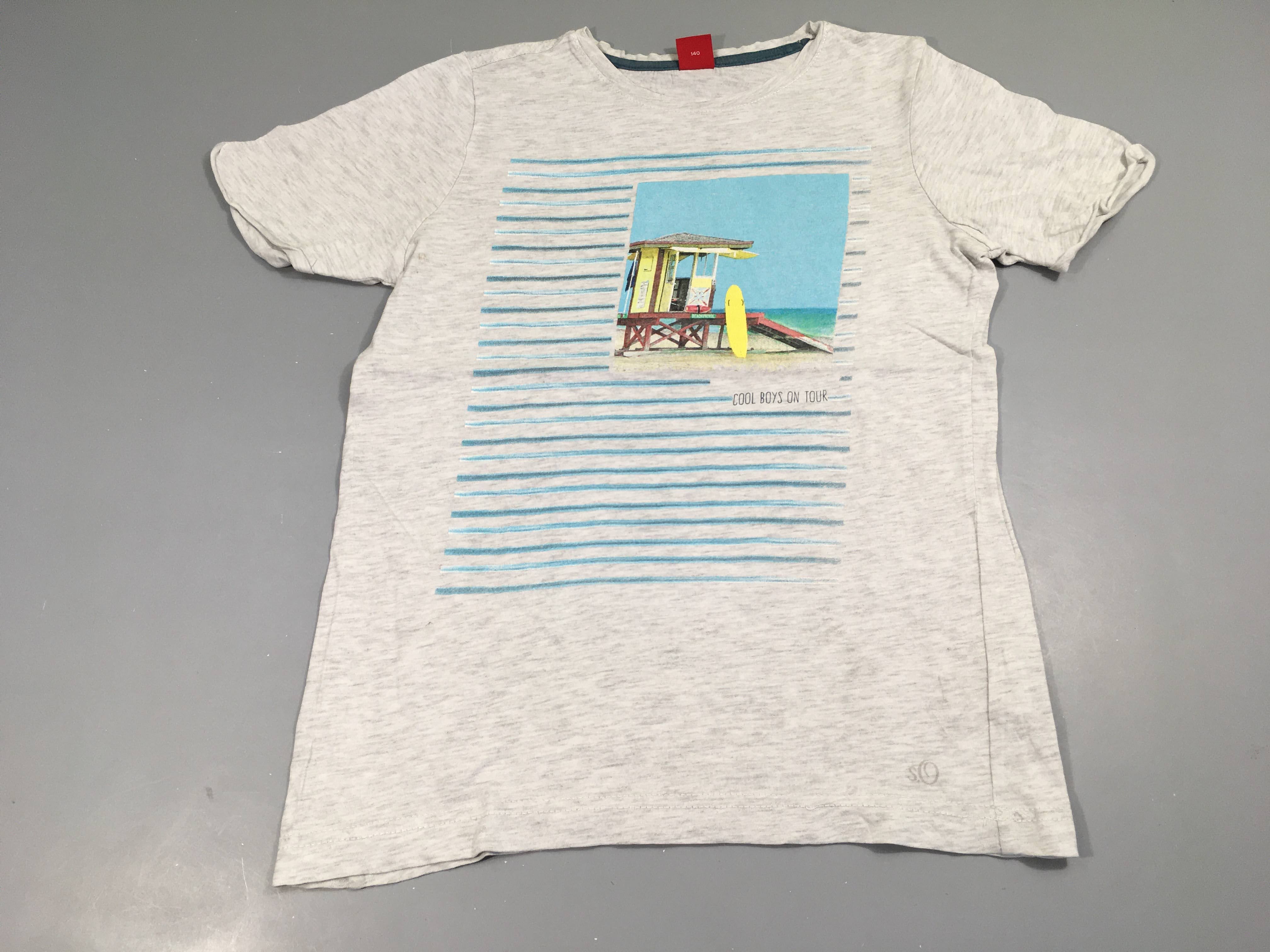 T-shirt m.c gris clair chiné, motif cabine de plage