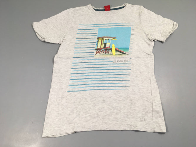 T-shirt m.c gris clair chiné, motif cabine de plage, moins cher chez Petit Kiwi