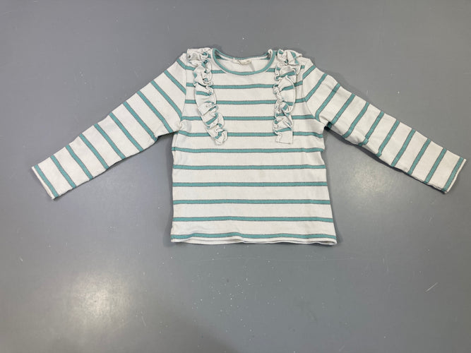 T-shirt ml côtelé rayé blanc/vert, volants, moins cher chez Petit Kiwi