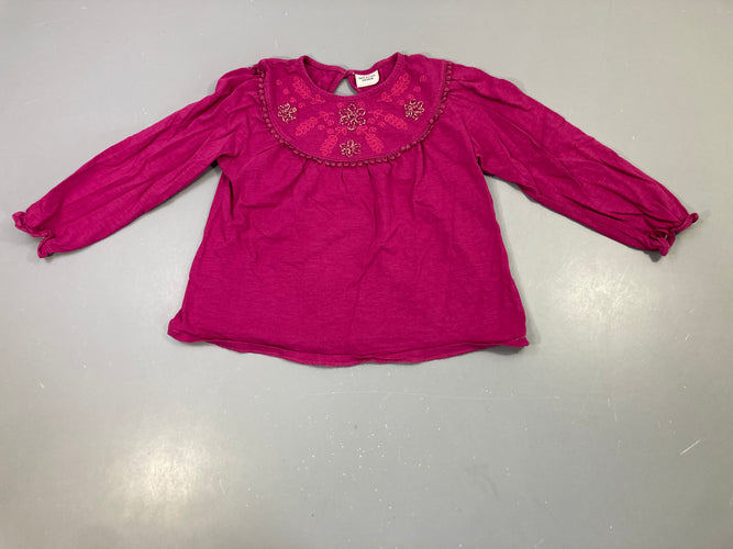 T-shirt m.l rose vif, col brodé fleurs, moins cher chez Petit Kiwi