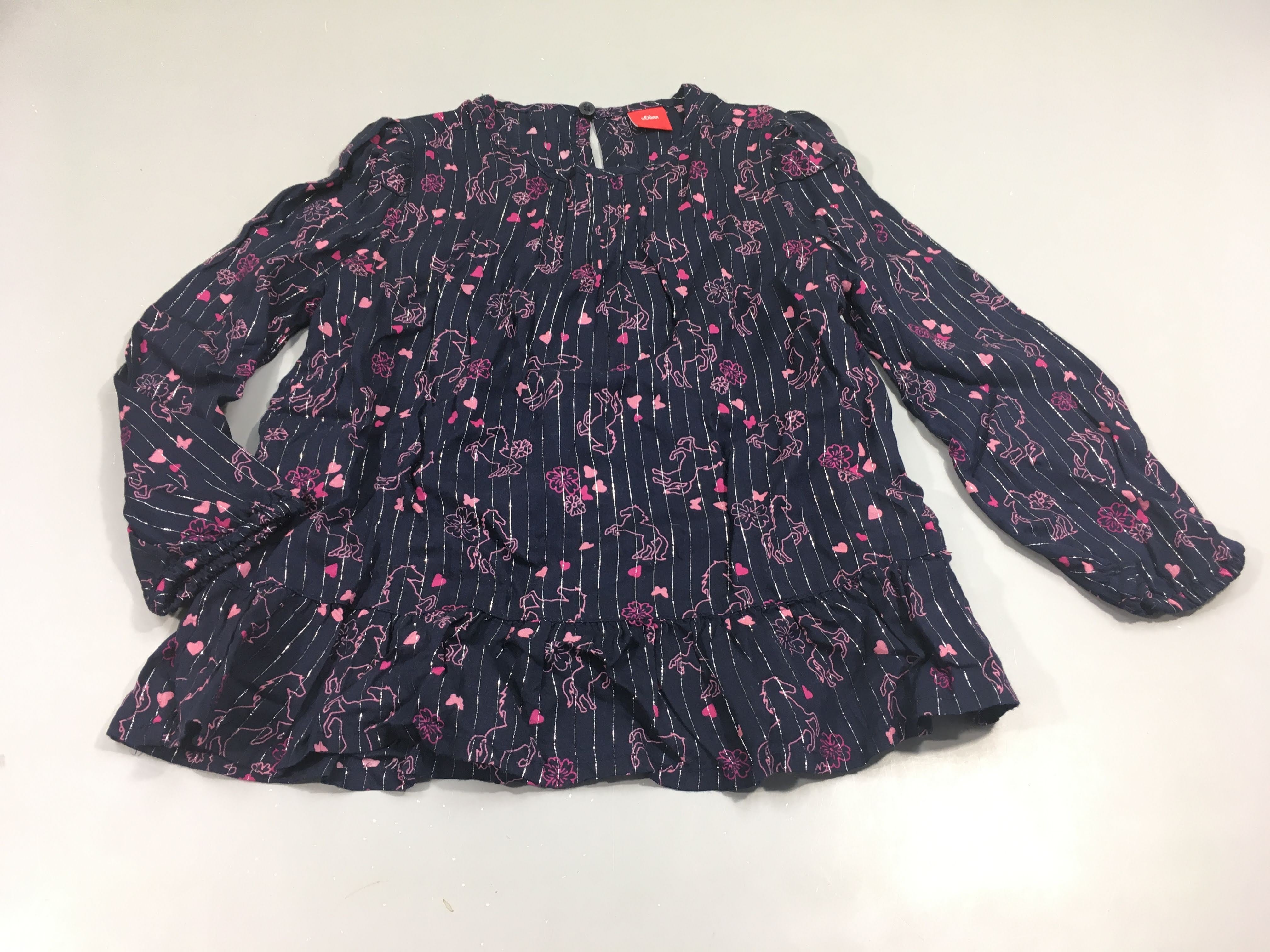 Blouse ml  bleu marine lignée argentée, licornes, coeurs roses