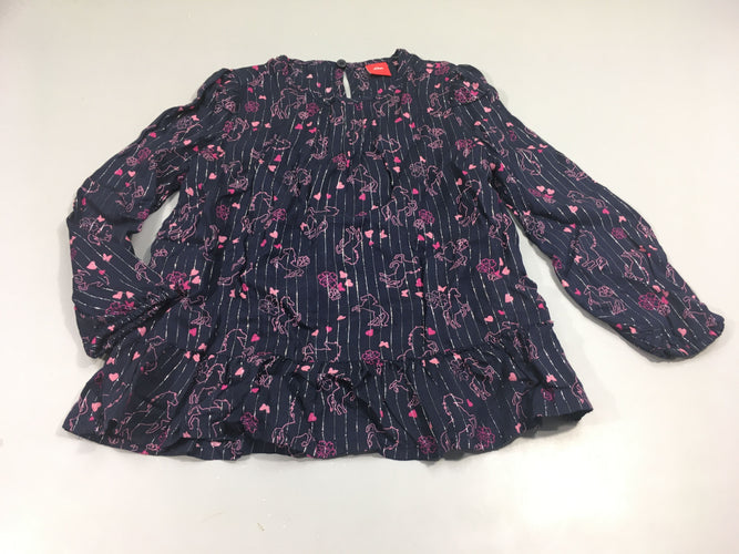 Blouse ml  bleu marine lignée argentée, licornes, coeurs roses, moins cher chez Petit Kiwi