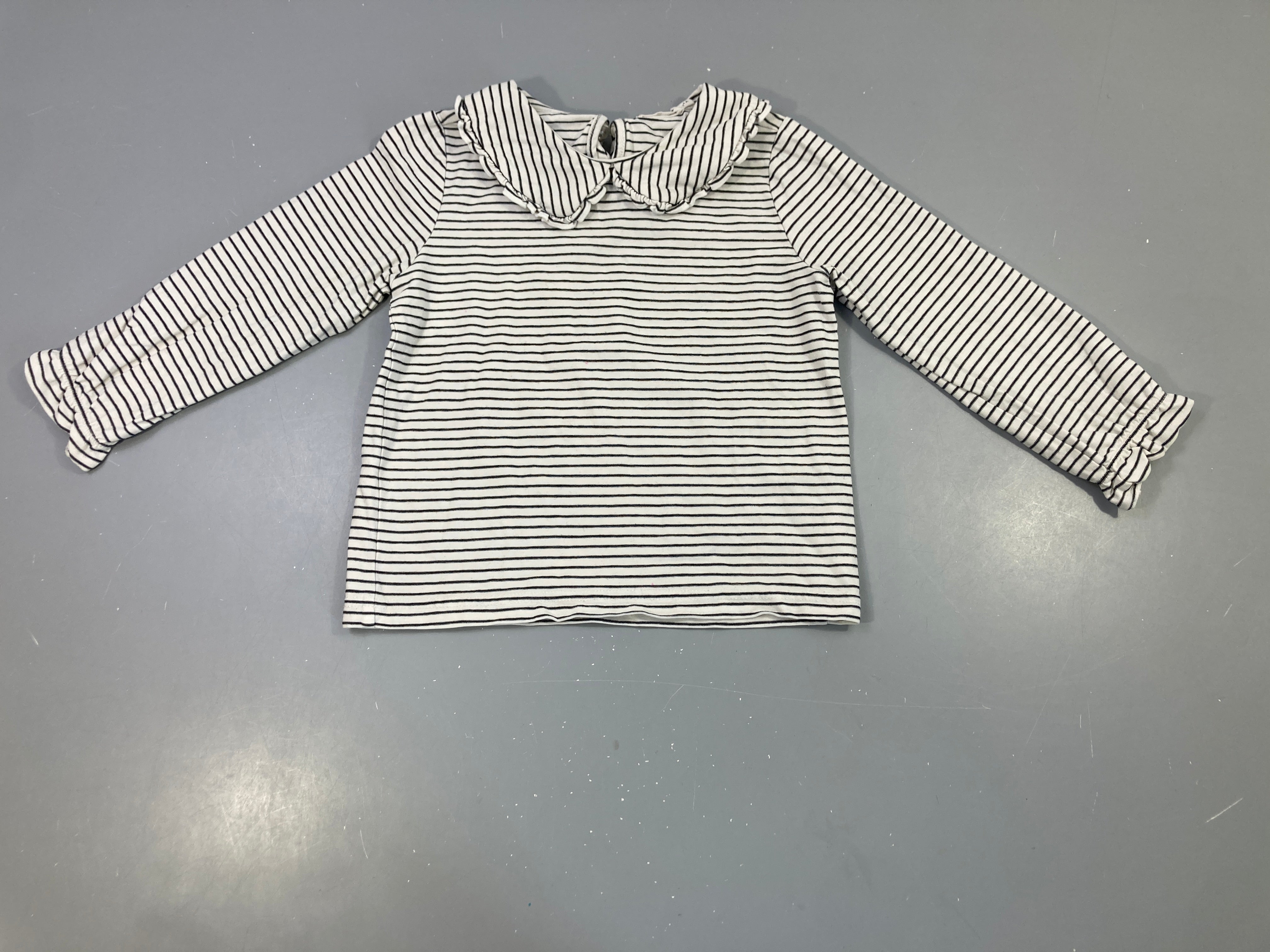 T-shirt m.l rayé blanc/marine, col volanté
