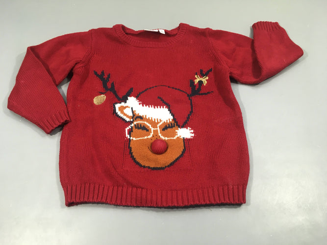 Pull rouge  renne de Noël, nez pompon, très légèrement bouloché, moins cher chez Petit Kiwi