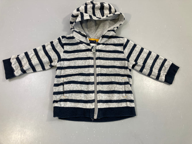 Sweat zippé velours capuche rayé marine et gris, moins cher chez Petit Kiwi