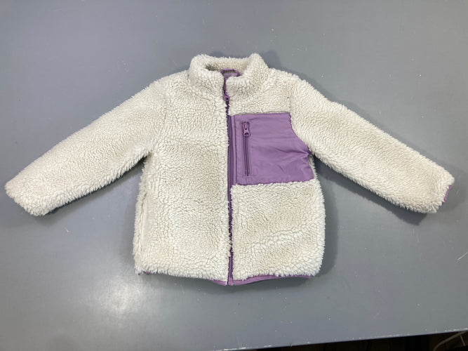 Veste peluche sherpa écru et violet zippée, moins cher chez Petit Kiwi