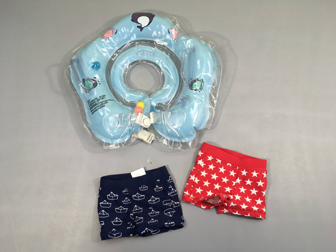 Bouée de cou, 3-18m + 2 maillots boxer bleu marine/rouge, moins cher chez Petit Kiwi