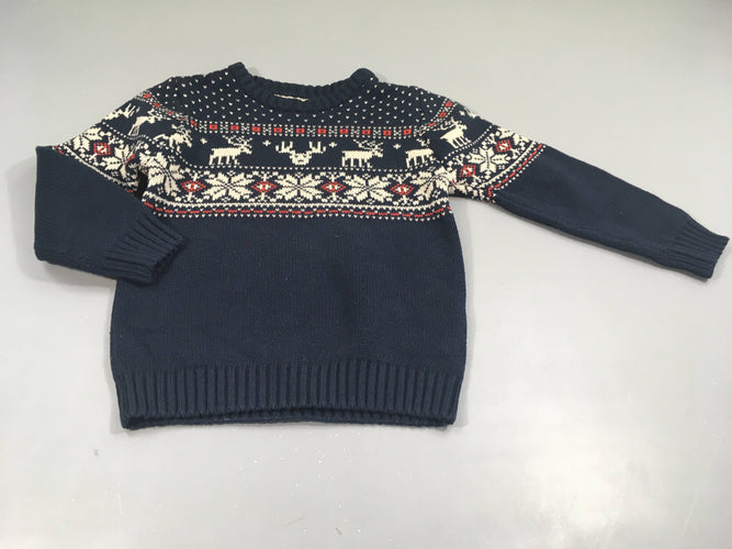 Pull de Noël bleu marine motifs rouge  et blanc rennes,..., moins cher chez Petit Kiwi