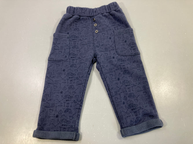 Pantalon molleton bleu motifs camping revers, moins cher chez Petit Kiwi