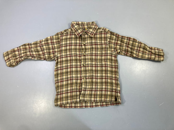 Chemise m.l flanelle carreaux kaki/jaune, bouloché, moins cher chez Petit Kiwi