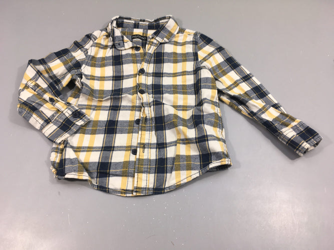 Chemise m.l en flannelle blanche à carreaux bleu marine, jaune, moins cher chez Petit Kiwi