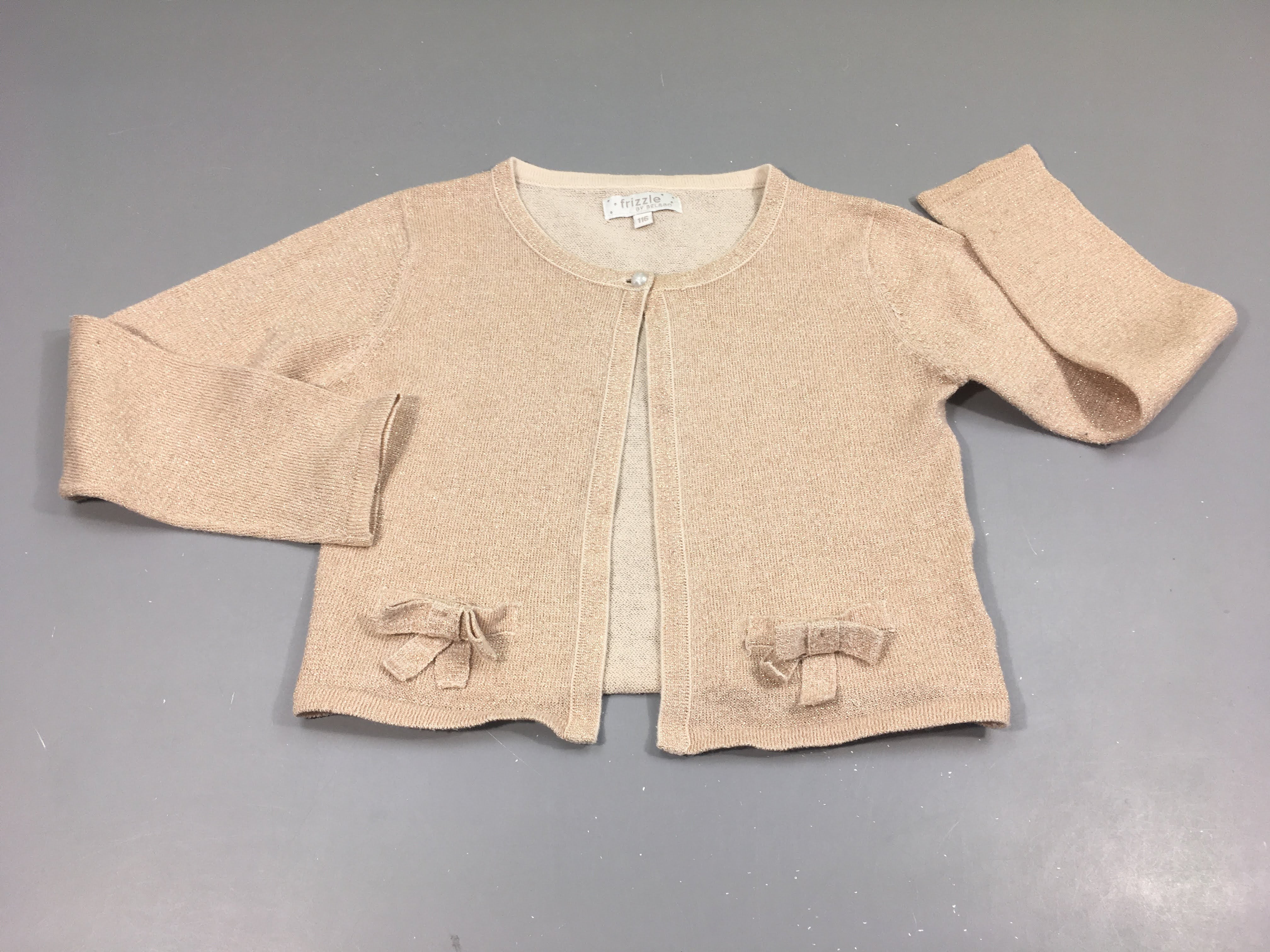 Gilet beige chiné pailleté doré, petits noeuds