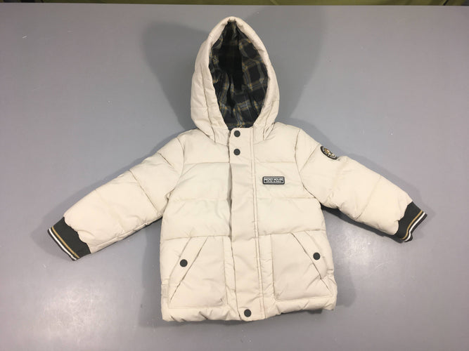 Doudoune ouatinée blanc cassé à capuche doublé Teddy, moins cher chez Petit Kiwi