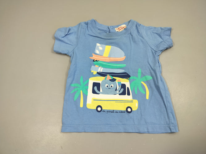 T-shirt m.c bleu clair , pieuvre dans un van. 100% coton, moins cher chez Petit Kiwi