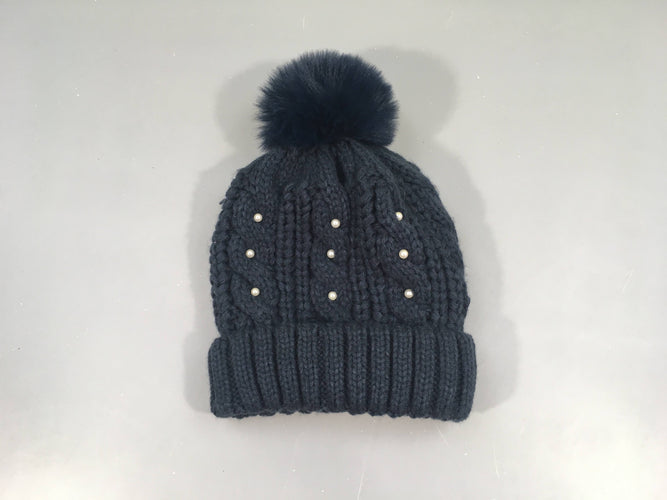 Bonnet bleu foncé mailles pompon doublé peluche, moins cher chez Petit Kiwi