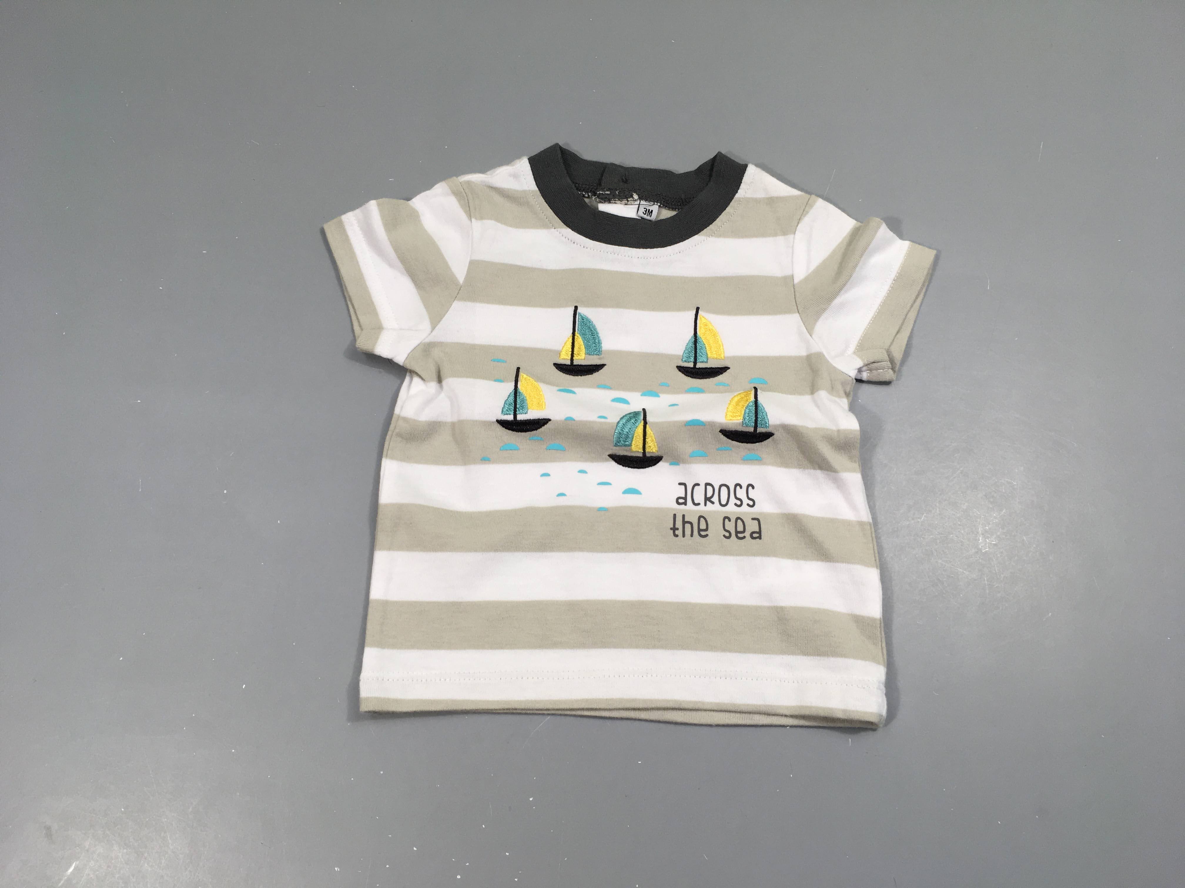 T-shirt m.c rayé blanc/beige bateaux brodés