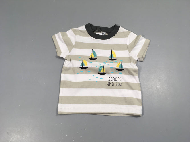 T-shirt m.c rayé blanc/beige bateaux brodés, moins cher chez Petit Kiwi