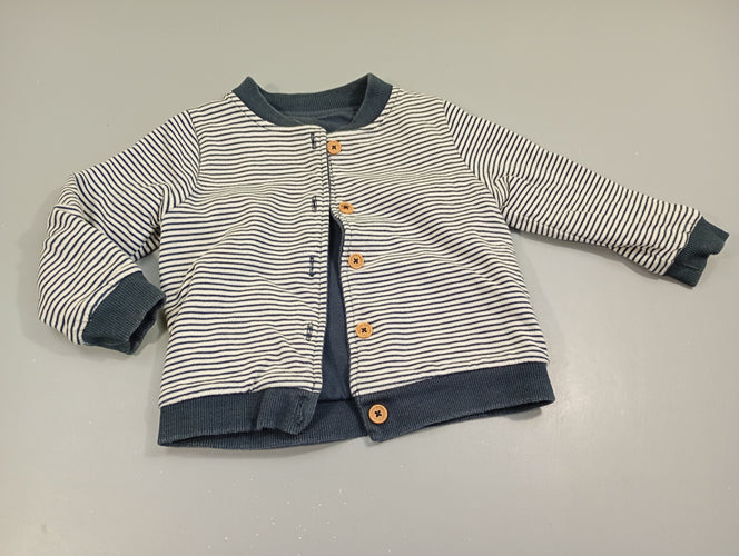 Gilet réversible bleu marine texturé/blanc rayé bleu. Pas de taille indiquée, estimée  18m, moins cher chez Petit Kiwi