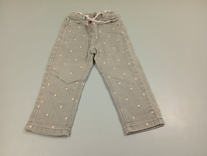 Pantalon denim gris clair  chiné, étoiles rose clair avec ceinture, moins cher chez Petit Kiwi
