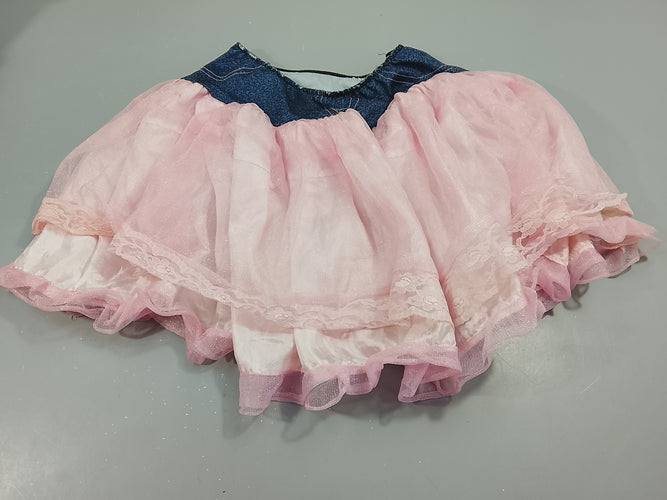 Jupe bi matière dessus satiné denim , dessous tulle rose, moins cher chez Petit Kiwi