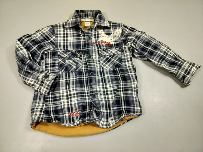 Chemise m.l à carreaux bleu, blanc motifs aigle, doublure jersey, moins cher chez Petit Kiwi