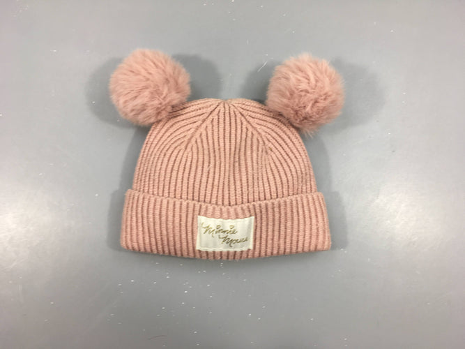 Bonnet vieux rose mailles côtelées pompons doublé polar Minnie Mousse, moins cher chez Petit Kiwi