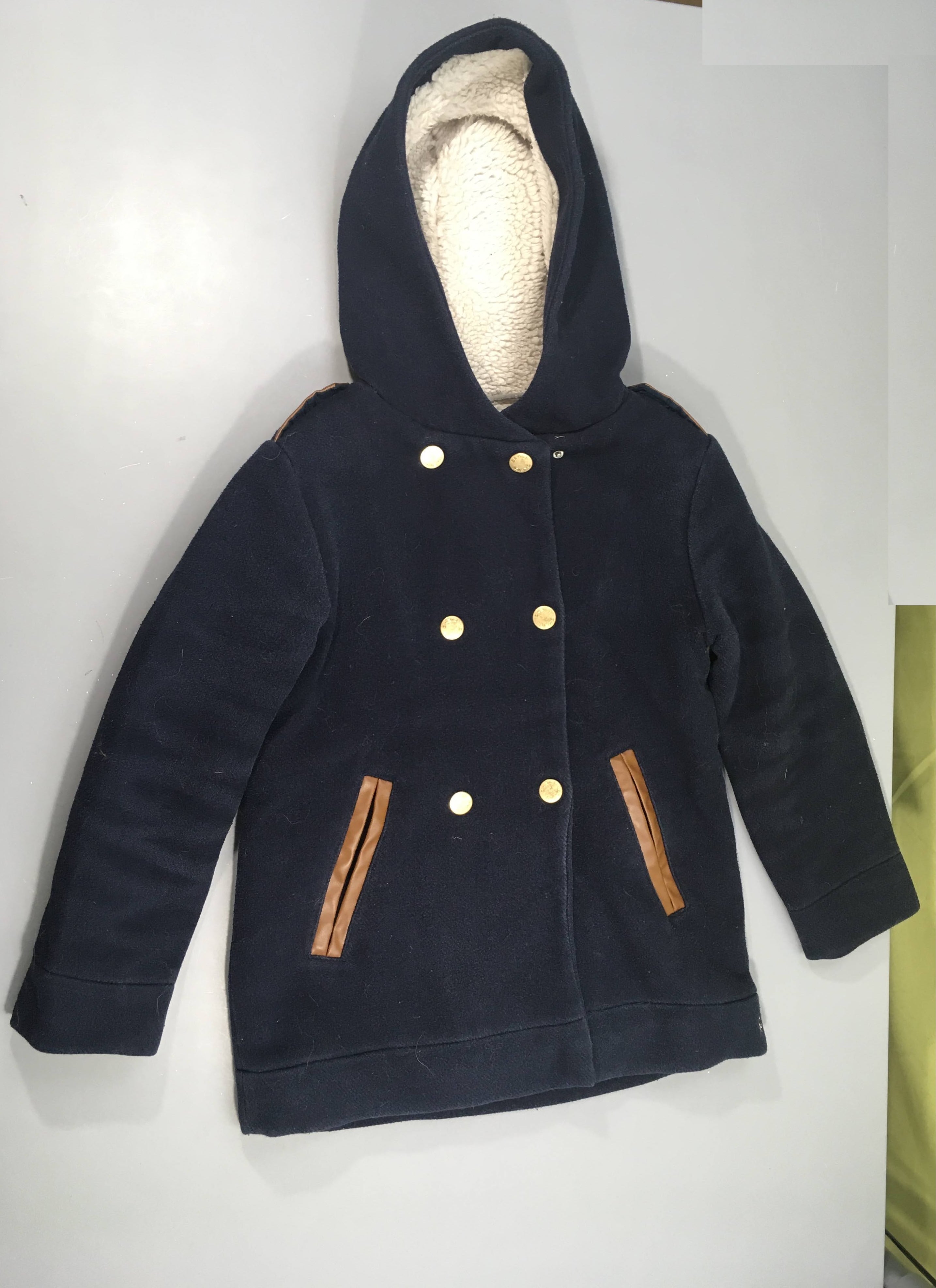 Veste bleu foncé à capuche double pressions, 20% laine