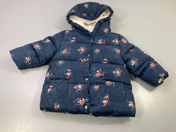 Veste zippée à capuche bleu marine à fleurs, intérieur moutonné, moins cher chez Petit Kiwi