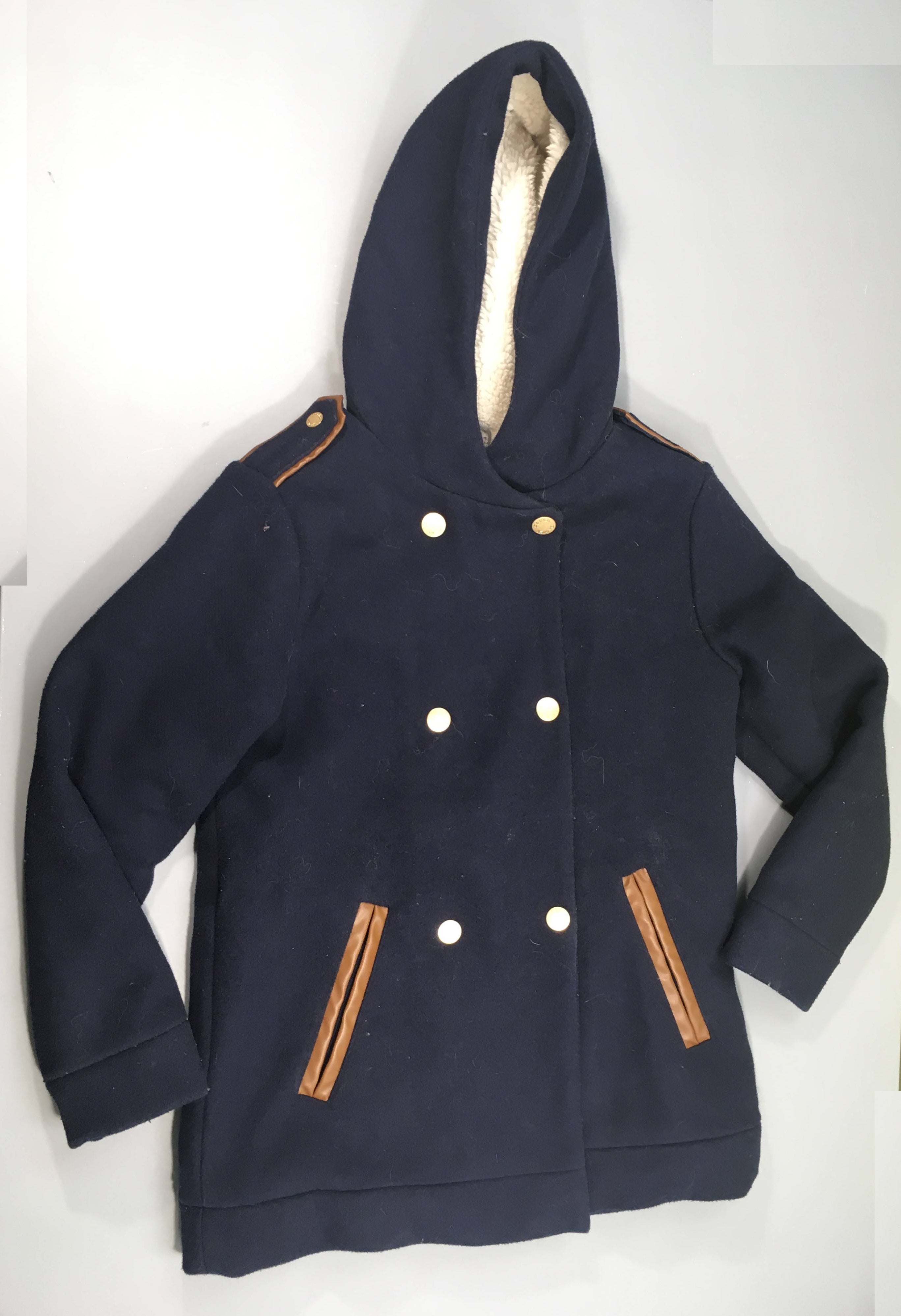 Veste bleu foncé à capuche double pressions, 20% laine