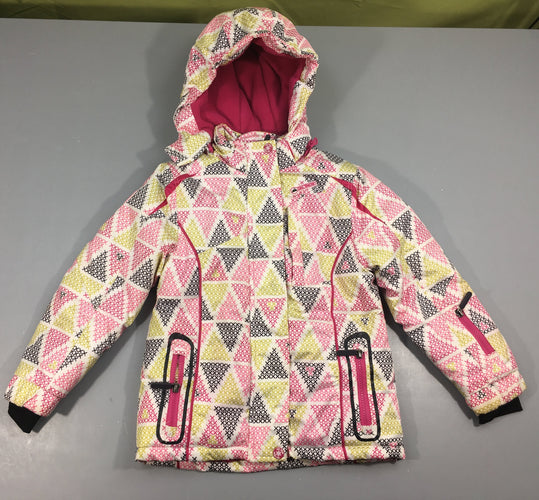 Veste de ski blanche motifs rose/anis/bleu marine à capuche amovible, moins cher chez Petit Kiwi