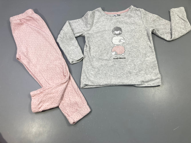 Pyjama 2pcs velours dessus gris clairs chiné moutons, dessous  rose à pois, moins cher chez Petit Kiwi