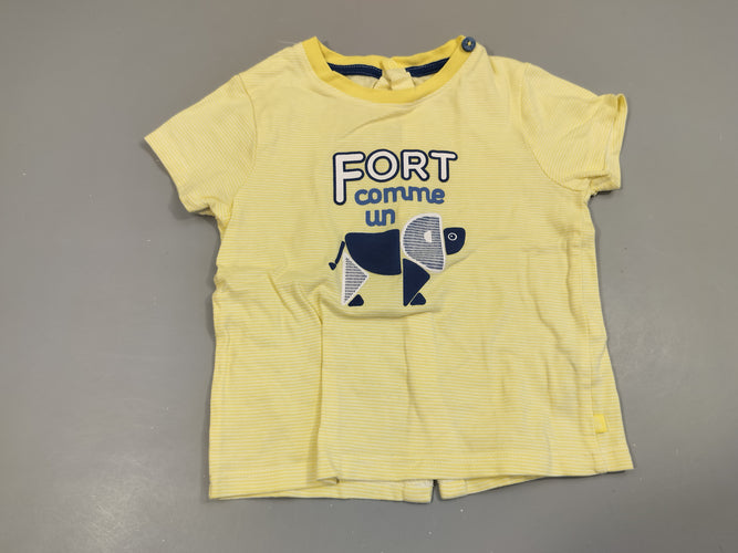 T-shirt m.c jaune clair/ bleu marine " fort comme" motif lion. 100% coton, moins cher chez Petit Kiwi