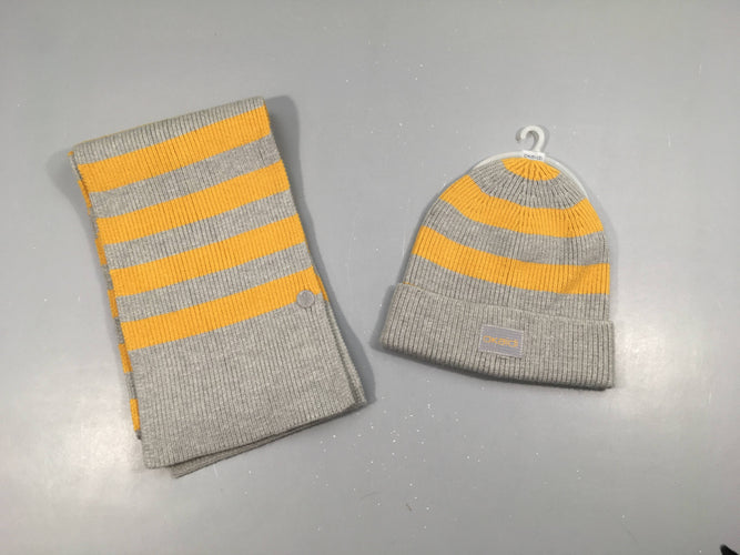NEUF Bonnet + écharpe gris chiné rayé jaune, 55, moins cher chez Petit Kiwi